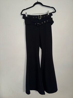 SHEIN Black Flared Belted Women's Dress Pants Polyester Stretch Grommets